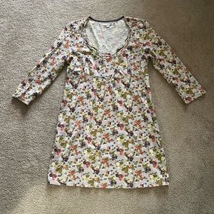 Boden floral tunic dress grey scoopneck ruched neck 3/4 sleeves size 8